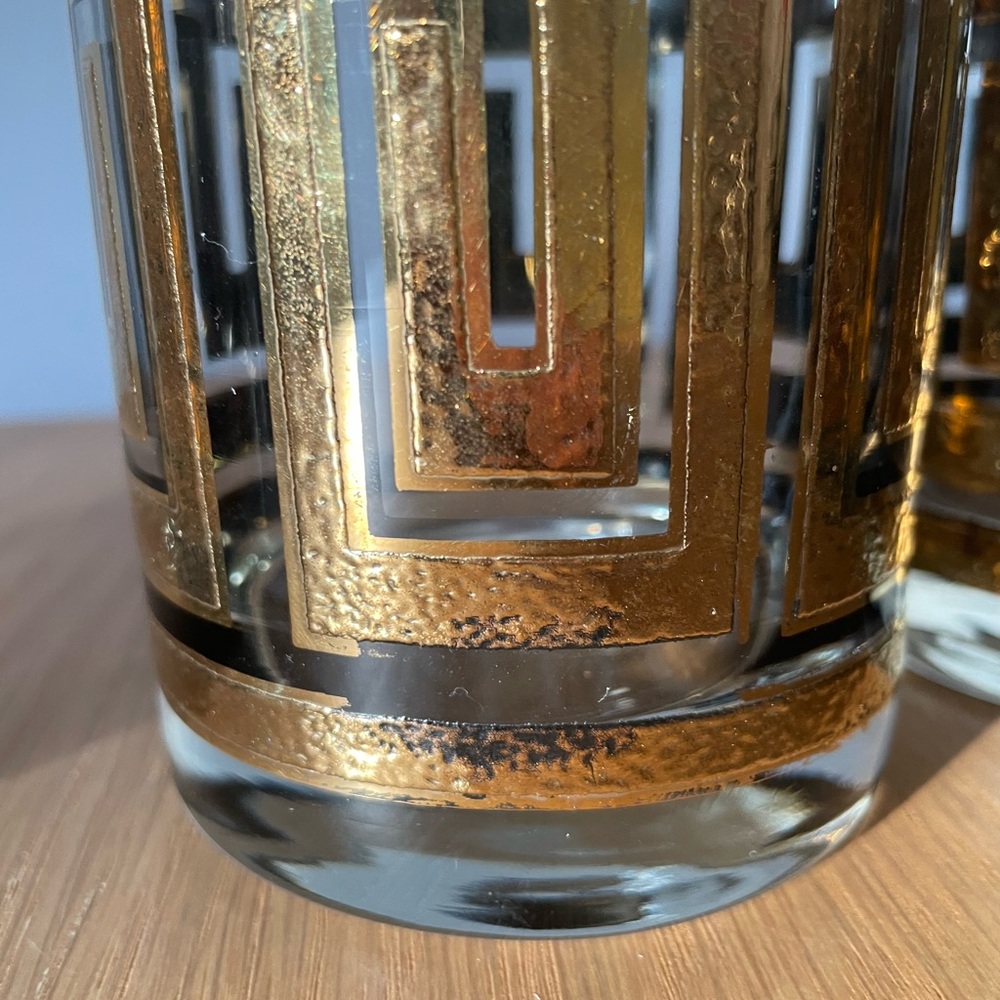 Vintage MCM Culver Whiskey Glasses 22K Gold Greek Key Pattern Set of 4 - Picture 6 of 10